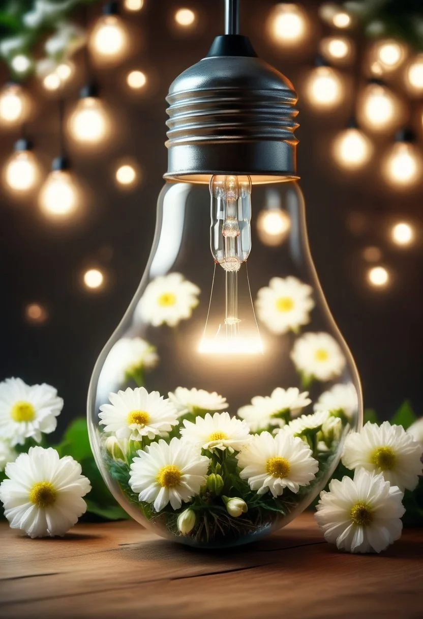 a light bulb lies on a table. light bulb is filled with many white flowers. flowers in a lightbulb. flowers on the wooden table. focus on flowers. blurred background, Fairy lights with white flowers in background,
perfection style, simple background, midjourneyv6.1, ais-bulbz
