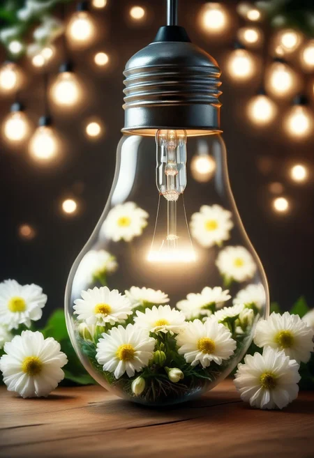 a light bulb lies on a table. light bulb is filled with many white flowers. flowers in a lightbulb. flowers on the wooden table. focus on flowers. blurred background, Fairy lights with white flowers in background, 
perfection style, simple background, midjourneyv6.1, ais-bulbz