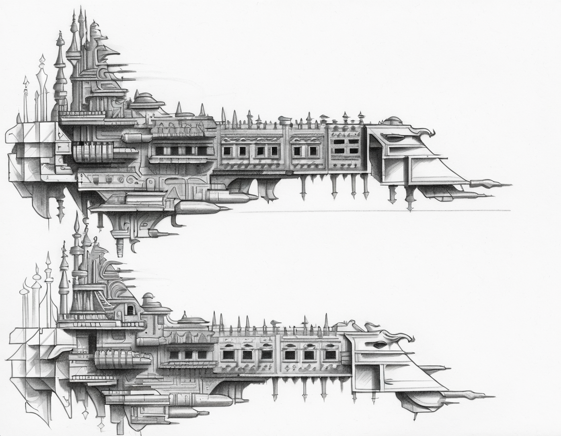 pencil sketch,side view,profile view,simple background,an impstarship battleship,  <lora:Imperial_Navy_-_Warhammer_40000_SDXL:0.75>,indonesian palace style,thick,ornate,eagle statues,monochrome,tall,solo