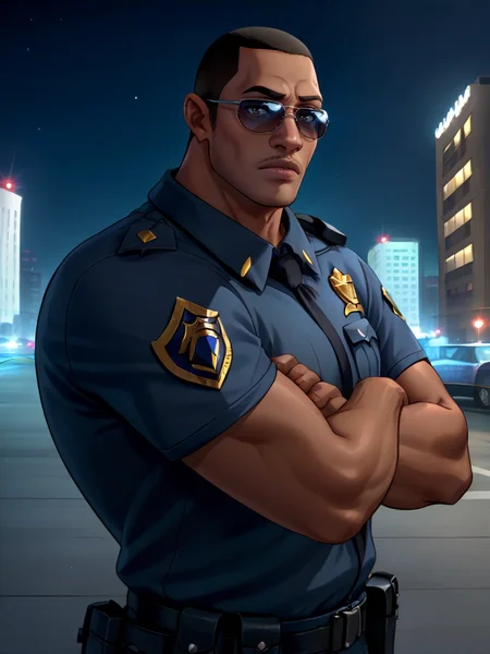 portrait of Jefferson_m man, dark skinned male, bara, muscular, police officer, sunglasses, facial hair, bara, black skin, <lora:Jefferson_Morales_Spiderverse:.7> dark skin, city background, serious expression, arms crossed, police siren lights in background, dark lighting, night