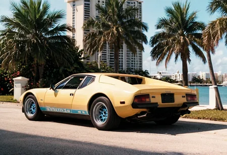 ClassicSportsCar MiamiVice, gleaming pastel yellow DeTomaso Pantera, palm trees, seaside, cityscape, 4K, highly detailed, (((stylish grainy analog 35mm film photo)))