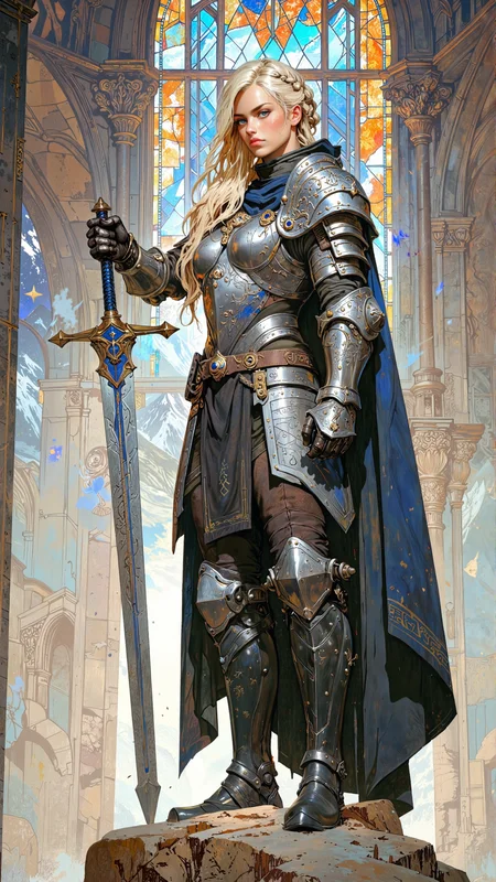 The central focus of the image is a stunning female paladin standing in the heart of a grand medieval cathedral. She is a human with a commanding presence, her features radiating both beauty and strength. Her height is 5'10" (178 cm), with a statuesque and athletic build, showcasing her prowess in battle and her dedication to her holy order. Her skin is fair and smooth, with a healthy, radiant glow that suggests a life of rigorous training and devotion. Her face is strong and symmetrical, with a sharp jawline, a straight nose, and full, rose-colored lips that contrast beautifully with her complexion. Her eyes are large and almond-shaped, a deep, sapphire blue that seems to hold the intensity of a stormy sea. Her eyebrows are bold and slightly arched, adding to her commanding expression.
Her hair is a cascade of golden blonde, long and straight, reaching down to her mid-back. It is partially tied up in a high, intricate braid that wraps around her head like a crown, while the rest flows freely, catching the light like spun gold. A few strands escape to frame her face, adding a touch of softness to her otherwise fierce appearance. Her hair is adorned with small, metallic beads and charms shaped like stars, emphasizing her noble bearing.
She wears a sexy yet practical paladin outfit that combines allure with functionality. Her top is a sleek, form-fitting steel breastplate with intricate engravings of vines and flowers, dyed in silver with blue accents. The breastplate leaves her toned arms and midriff exposed, showcasing her muscular yet feminine physique. Over the breastplate, she wears a flowing, sleeveless cape made of dark, weathered fabric, lined with fur at the edges, which billows dramatically behind her. Her lower body is clad in a pair of high-waisted, thigh-length leather pants, reinforced with steel plates at the knees and thighs for protection. The pants are tucked into knee-high, steel-toed boots made of black leather, adorned with intricate engravings of stars and moons.
Her weapons are as striking as her appearance. She wields a massive, two-handed greatsword with a hilt wrapped in blue leather and a blade etched with runes that glow faintly with a icy light. The sword rests casually on her shoulder, its weight seemingly effortless for her to bear. At her hip, she carries a short, curved sword in a black leather sheath, its hilt wrapped in blue leather and studded with a single sapphire. Her hands are protected by fingerless gauntlets made of blackened steel, allowing her dexterity while providing ample protection.
The scene is set in the grand hall of a medieval cathedral, filled with towering stone columns and stained glass windows that cast colorful patterns of light on the floor. The air is thick with the scent of incense and the sound of distant chanting. In the background, the silhouettes of distant mountains rise against the horizon, their peaks shrouded in mist. A cold wind blows through the hall, carrying with it the scent of rain and earth.
The character stands atop a large, flat stone, her posture confident and victorious. Her expression is one of fierce determination, her sapphire blue eyes scanning the battlefield with a mix of pride and vigilance. The interplay of light and shadow highlights her features, with the fiery hues of the stained glass casting a warm glow on her skin and hair, while the cool tones of the stone create a striking contrast. The overall atmosphere is one of power, resilience, and triumph, perfectly complementing her commanding and alluring presence.
soft pastel anime, Magic style, mythp0rt, DB4RZ
