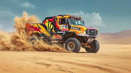 rally truck KAMAZ, poster art, rally truck KAMAZ, number, KAMAZ drive on sand race track