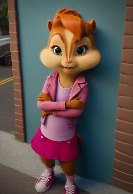 score_9, score_8_up, score_7, score_6, detailed background, town, streets, trees, brittany miller, chipmunk, furry, short ears, jean jacket, pink shirt, pink mini skirt, socks, sneakers, standing, leaning against wall, crossed arms, looking at viewer, smiles, 6 inches tall