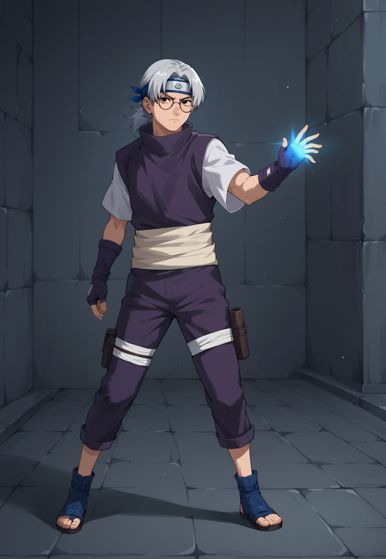 safe_pos, score_9, score_8_up, score_7_up, score_6_up, score_5_up, score_4_up, source_anime, male focus, 1boy, solo, glasses, grey hair, black eyes, curtained hair, low ponytail, long hair, round eyewear, forehead protector, headband, purple shirt with white sleeves, purple pants, blue shoes, sandals, purple gloves, fingerless gloves, butt pack, leg pouch, leg pouch on right leg, waist sash, looking at viewer, full body, dungeon setting, fighting stance, angry, blue chakra, glowing hands
