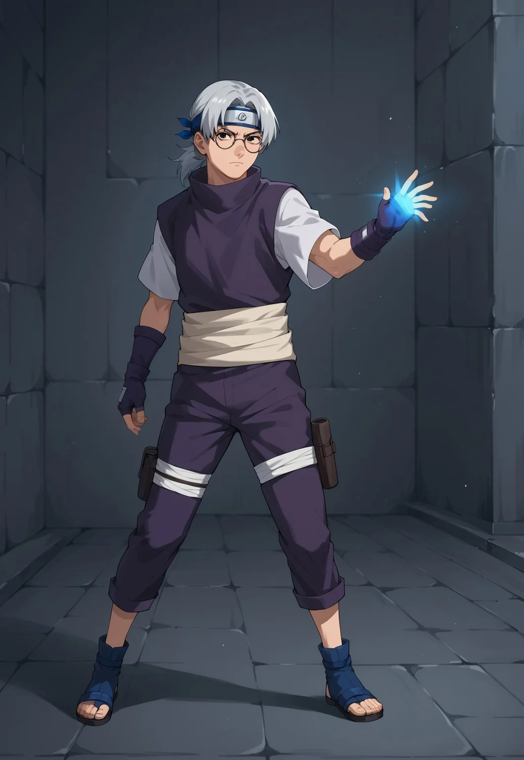 safe_pos, score_9, score_8_up, score_7_up, score_6_up, score_5_up, score_4_up, source_anime, male focus, 1boy, solo, glasses, grey hair, black eyes, curtained hair, low ponytail, long hair, round eyewear, forehead protector, headband, purple shirt with white sleeves, purple pants, blue shoes, sandals, purple gloves, fingerless gloves, butt pack, leg pouch, leg pouch on right leg, waist sash, looking at viewer, full body, dungeon setting, fighting stance, angry, blue chakra, glowing hands