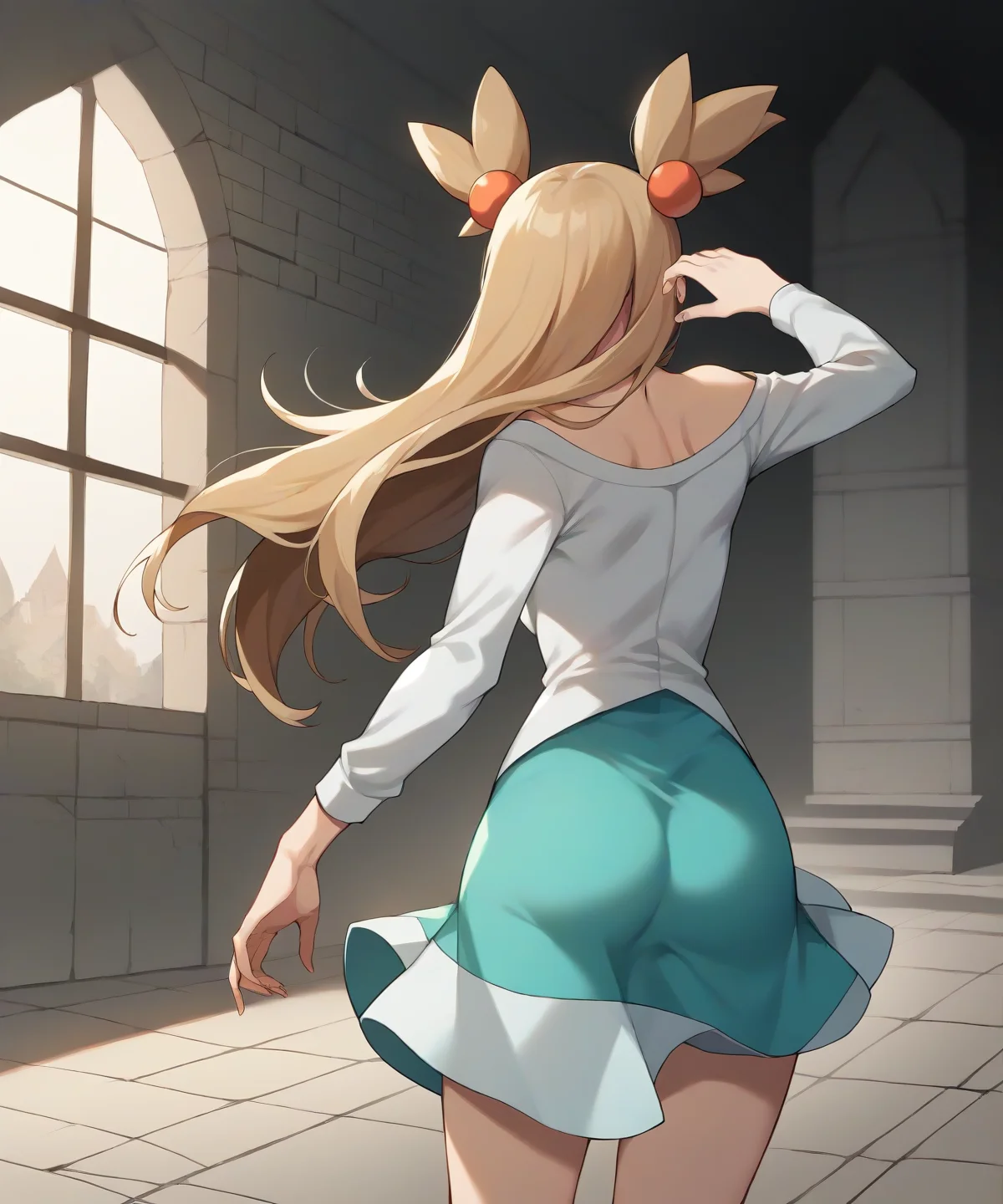 score_9, score_8_up, 1girl,
good quality, masterpiece, mature female, ultradetail, anime, source_anime, aesthetic, (solo)
<lora:JasminePokemon-05:0.9>PokeJasmine, long hair, short white cardigan, collarbone, orange bowtie, sleeves past elbows, (very short dress), aqua dress, vibrant color, dynamic pose, inside abandoned medieval castle ruins, high contrast shadows, fullbody, shading from top, twilight lighting, dusk, from behind,