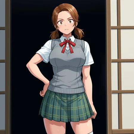 masterpiece, best quality, amazing quality, anime screencap, 1girl, solo, standing, cowboy shot, looking at viewer, <lora:RinkoKM:0.9>, RinkoKM, brown hair, parted bangs, forehead, twintails, low twintails, brown eyes, sanpaku, large breasts, toned female, gray sweater vest, white shirt, short sleeves, red neck ribbon, green pleated skirt, plaid skirt, white socks,