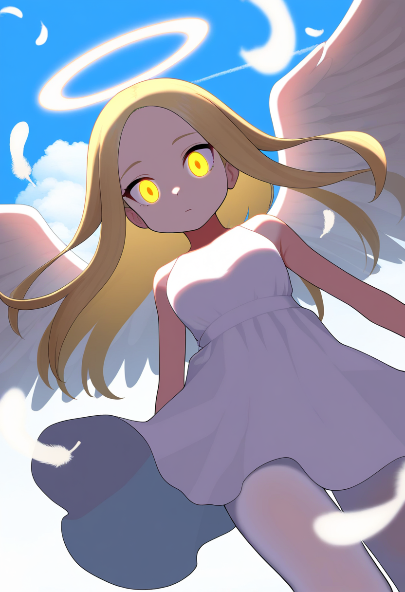 best quality, amazing quality, very aesthetic, absurdres,
BREAK
1girl, long hair, blonde hair, white theme, angel wings, white dress, feathers, sky, detailed background, white background, halo, white pantyhose, spread wings, outstretched, blue sky, cloud,
looking at viewer, yellow eyes, glowing eyes,   <lora:PokemonAdventuresNoobLocon_byKonan:1>