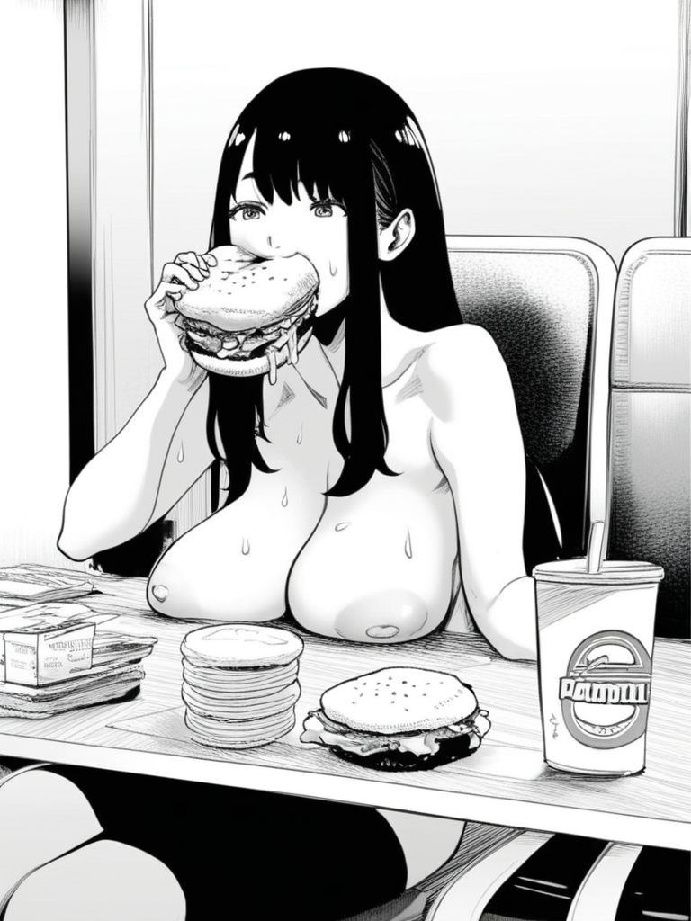 large breasts, nude, eating hamburger, manga, monochrome, long hair, sweat, hamburger
score_8_up <lora:Gesundheit:1>