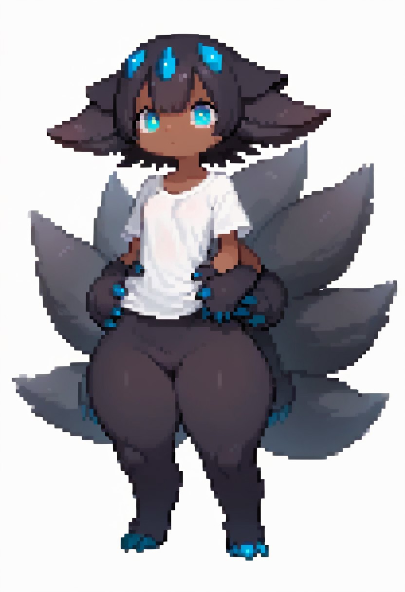 score_9, score_8_up, score_7_up,masterpiece, best_quality, ultra quality,high detail,full body view, whole character view,standing, medium-size chest, thick thighs, slightly wide hips, big ass, bottom heavy, narrow shoulders,estrus, Expressiveh, correct anatomy, correct hands, correct fingers, correct face, correct eyes, correct mouth,correct hair, serious trail, arms crossed,fluffy hair,fluffy, simple background, white background,Faputa, 1girl, dark skin, dark-skinned girl, black hair, short hair, extra arms, dark-blue claws, multiple tails, light-blue eyes, black fur, animal ears, clothes, t-shirt, wearing cyan t-shirt,
