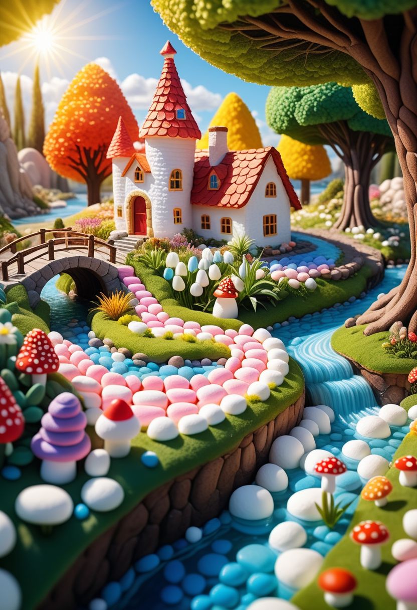 A very cosy scene of a miniature kingdom built entirely from smiling marshmallows in different colors, a small river running through the landscape. the kingdom is inhabited ladybugs, the scene contains a (hidden apple), (tall grass). human face in the sky, looking over the kingdom,  heartwarming scene, (sunny, sunrays), photorealism, warm vibrant colors, 100mm macro lens, very low camera angle, from below