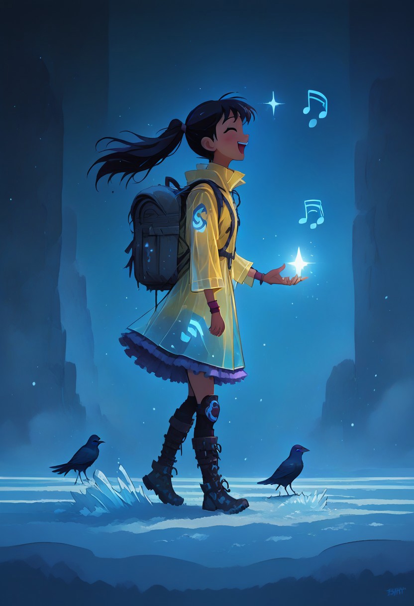 (masterpiece, best quality, high quality, good quality), 1girl, solo, petite, twintails, raincoat, backpack, frilled skirt, rubber boots, blue sky, walking, on cloud, happy, humming, musical note, rainbow, sparkle, sunlight, bird, full body, pastel colors, colorful
,FFAnime Style, fr0stwrld, snow, ice sinozick style