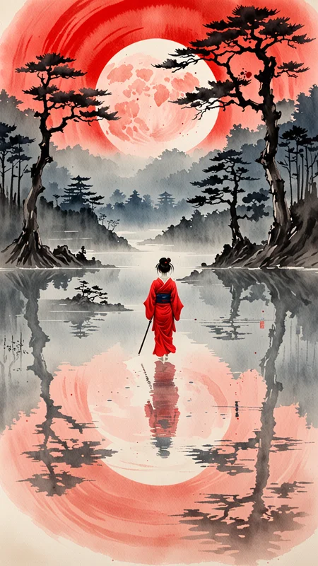 Watercolour paint effect, on partchment, red moon, Lake, japanese writing, ripples, sky, trees, reflection, mist, woman, <lora:Paint_Effects_SDXL_-_By_DICE:1>, Watercolour Paint Effect
