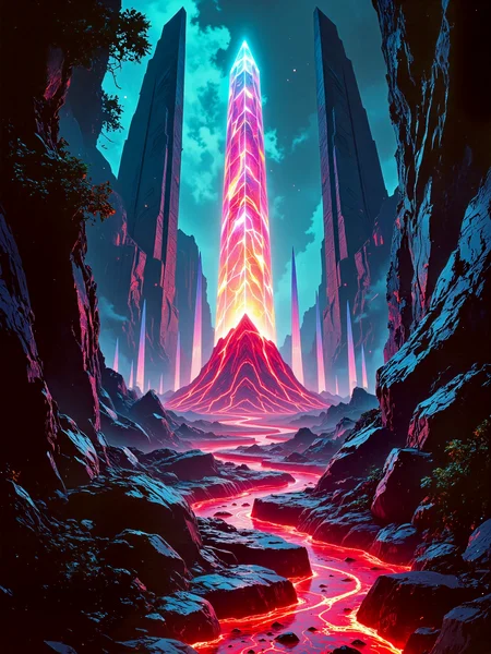 famous artwork, award-winning hyper-realistic digital illustration, highly aesthetic, gorgeous, stunning, beautiful, high resolution, uhd, 8k, 4k, dramatic, epic, meticulous, accurate, at night, dim lighting, perfect symmetry, dynamic, perfect symmetry, in the heart of the jungle, where shadows dance and bleed, a beautiful chaotic melody, where depravity finds its seed, neon lights paint a picture, of a world immersed in sin, a collision of emotion and violence, where numbness dwells within, iridescent shards, forbidden spires, tower of cosmic gloom, liquid mercury, shimmering obelisk, neon hues, lovecraftian, cthulhu mythos, ovg, aidmafluxpro1.1, arsmoviestill, 80s fantasy movie still, <lora:flux_pro1.1_detailer-v0.3-flux-by_aidma:0.56> <lora:style-80s_fantasy_movie-v3-flux-by_arsmachina:0.76>