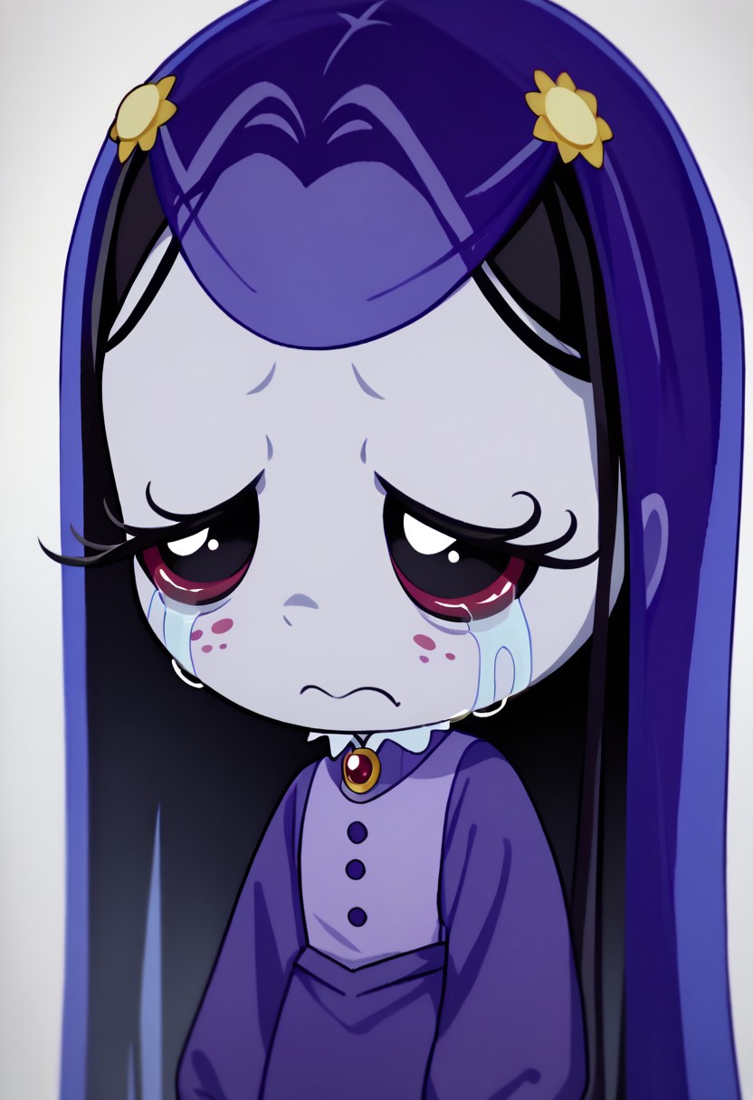 score_9, score_8_up, score_7_up BREAK MiseryRG, 1girl, black hair, black eyes, pale purple skin, tears trail, purple veil, yellow sunflower-shaped hairclips, white-collared purple buttoned dress, long purple sleeves,
