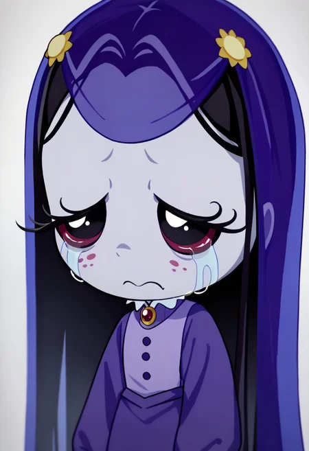 score_9, score_8_up, score_7_up BREAK MiseryRG, 1girl, black hair, black eyes, pale purple skin, tears trail, purple veil, yellow sunflower-shaped hairclips, white-collared purple buttoned dress, long purple sleeves,