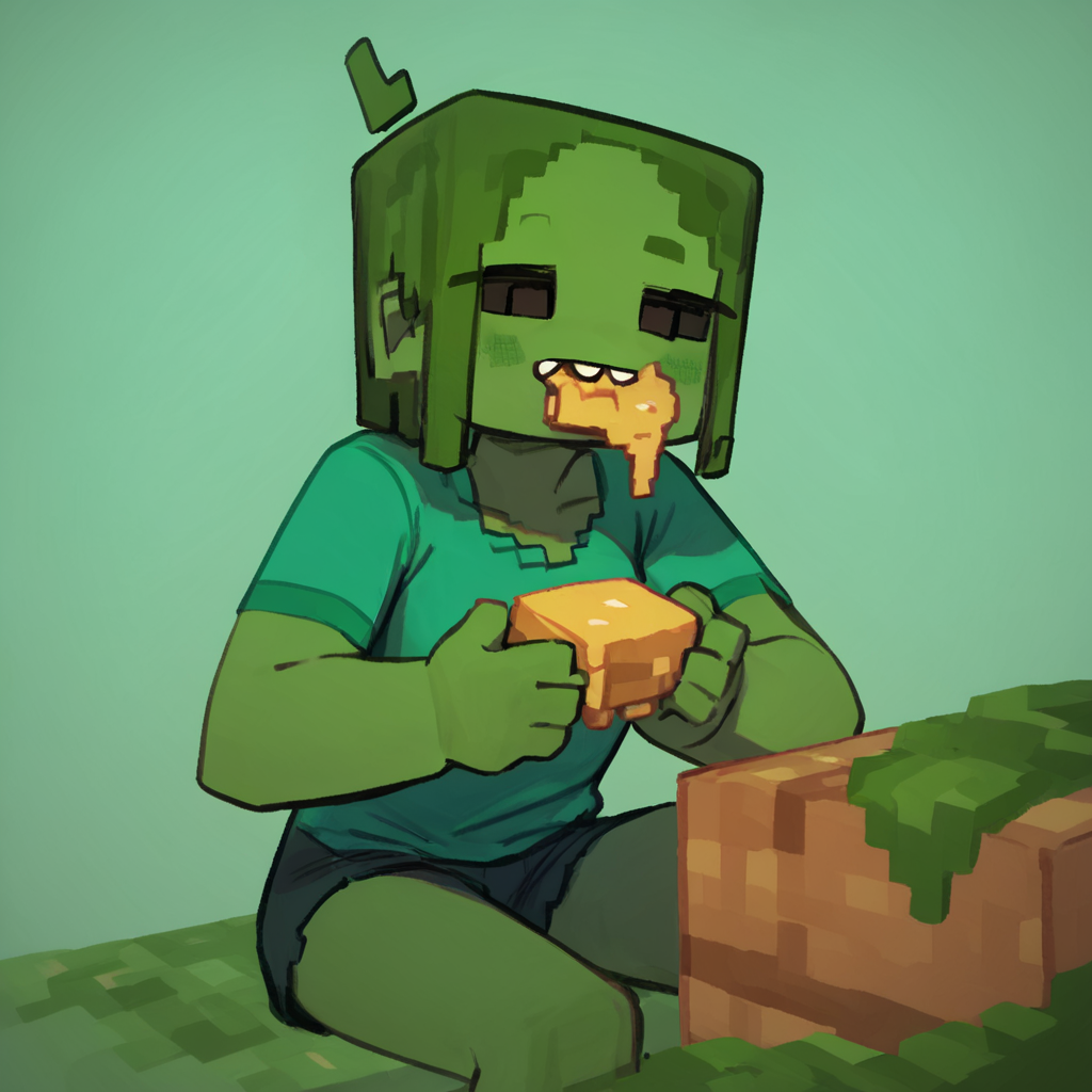 score_9, score_8_up, score_7_up, score_6_up, score_5_up, score_4_up, source_anime,  mcZombie, minecraft, sitting, eating, happy