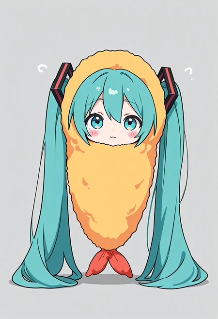 very awa, very aesthetic, (masterpiece, best quality, amazing quality), 1girl, hatsune miku, shrimp tempura, tempura costume, chibi, blush stickers, <lora:Wtf-is-this-LoRA:0.6> ,<lora:Tempura_Costume_-_Fried_Hoshino_meme:1>