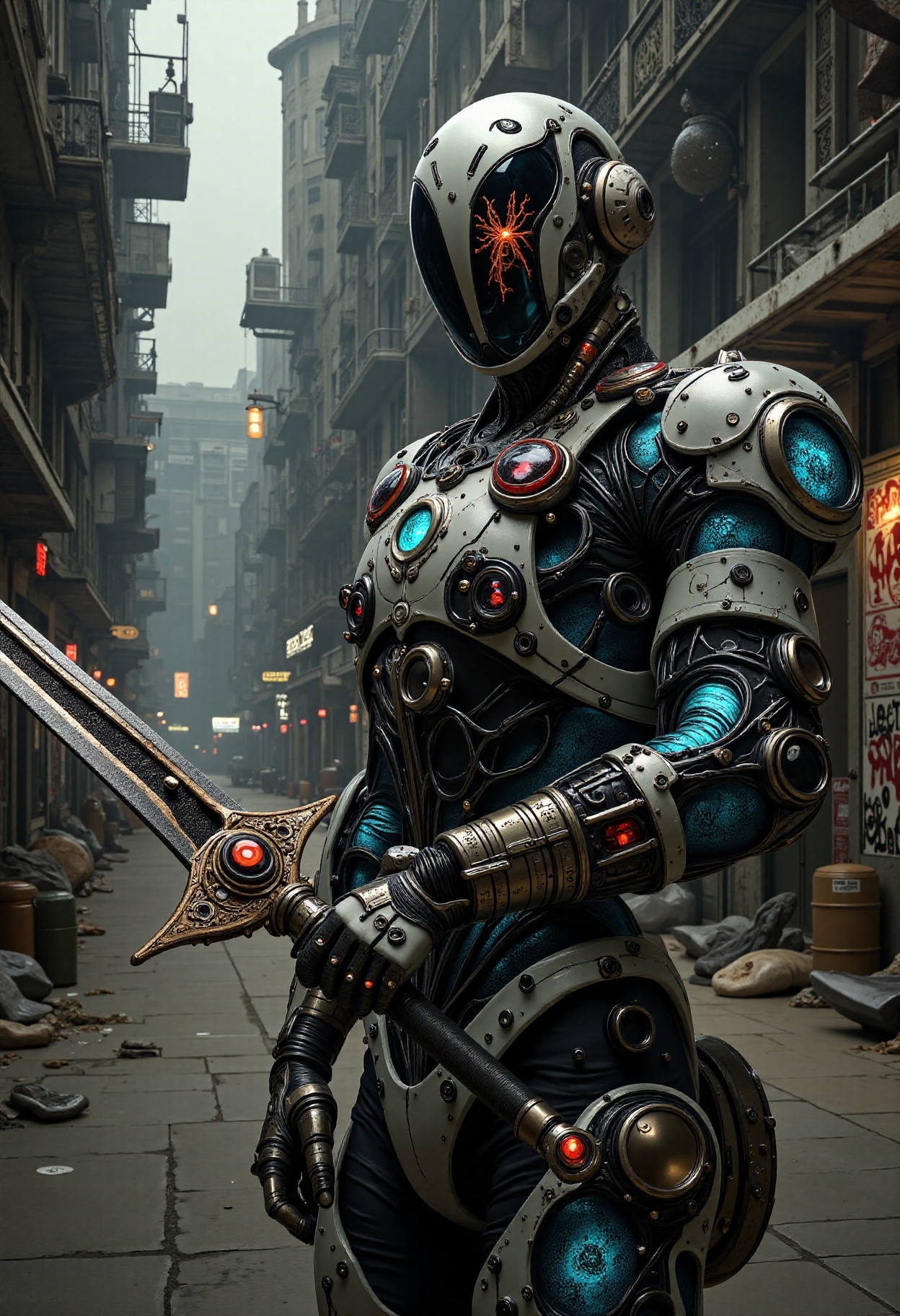 cyberpunk setting, gritty wasteland, abandoned machinery, smoldering fires, dark clouds, neon lights reflected off wet streets, eerie fog, crumbling buildings, industrial pipes, toxic waste barrels, flickering streetlights, ancient graffiti, worn-out pavement, dimly lit alleys, cybernetic enhancements, metallic limbs, glowing blue circuits, sharp jagged edges, rusted steel, exposed wiring, holographic advertisements, steam rising from vents, distant sirens, hissing gas lines, broken glass, trash-strewn sidewalks, abandoned vehicles, and a sense of desolation, a portrait of a dreadnought warrior, chrome mask glinting with an otherworldly sheen, reflecting the eerie glow of the wasteland, hi-tech armor panels glowing softly, laser sword humming with energy, fiery red-orange magical veins pulsating across their torso like a living thing, mighty mechanical arms flexing with each movement, muscular physique beneath the armor, determined gaze, intense facial expression,art by Zack Snyder, art by John Harris,
<lora:FluxCreative:0.65>,
<lora:boreal-train-v219-small-dataset-simple-caption:0.25>,
 <lora:digital-abyss:0.85>, 
<lora:NouvaLume:0.85>,