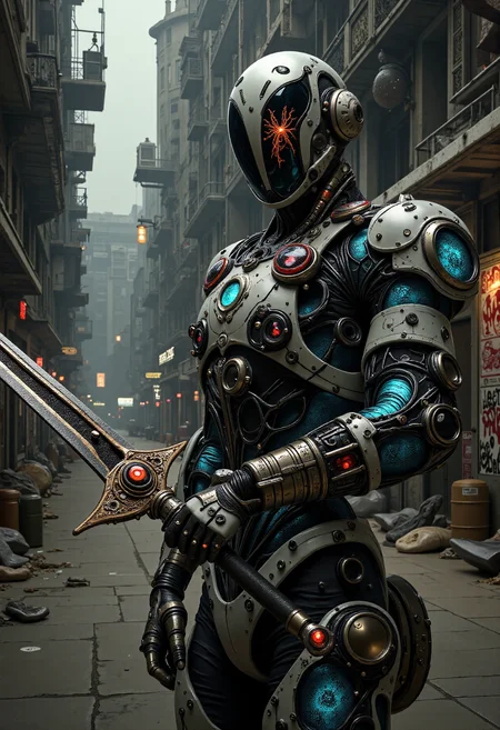 cyberpunk setting, gritty wasteland, abandoned machinery, smoldering fires, dark clouds, neon lights reflected off wet streets, eerie fog, crumbling buildings, industrial pipes, toxic waste barrels, flickering streetlights, ancient graffiti, worn-out pavement, dimly lit alleys, cybernetic enhancements, metallic limbs, glowing blue circuits, sharp jagged edges, rusted steel, exposed wiring, holographic advertisements, steam rising from vents, distant sirens, hissing gas lines, broken glass, trash-strewn sidewalks, abandoned vehicles, and a sense of desolation, a portrait of a dreadnought warrior, chrome mask glinting with an otherworldly sheen, reflecting the eerie glow of the wasteland, hi-tech armor panels glowing softly, laser sword humming with energy, fiery red-orange magical veins pulsating across their torso like a living thing, mighty mechanical arms flexing with each movement, muscular physique beneath the armor, determined gaze, intense facial expression,art by Zack Snyder, art by John Harris,
<lora:FluxCreative:0.65>,
<lora:boreal-train-v219-small-dataset-simple-caption:0.25>,
<lora:digital-abyss:0.85>,
<lora:NouvaLume:0.85>,
