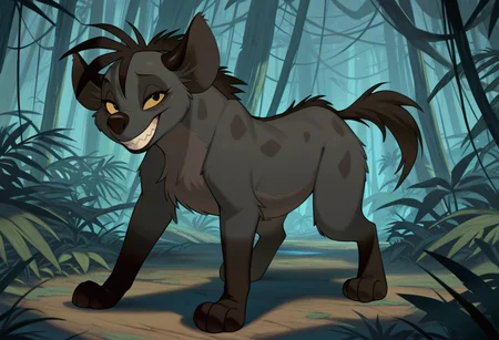 score_9, score_8_up, score_7_up, score_6_up, best quality, detailed fur, detailed background, Solo, Furry, Shenzi, female, feral, yellow sclera, tail, looking at viewer, smile, teeth, the jungle,