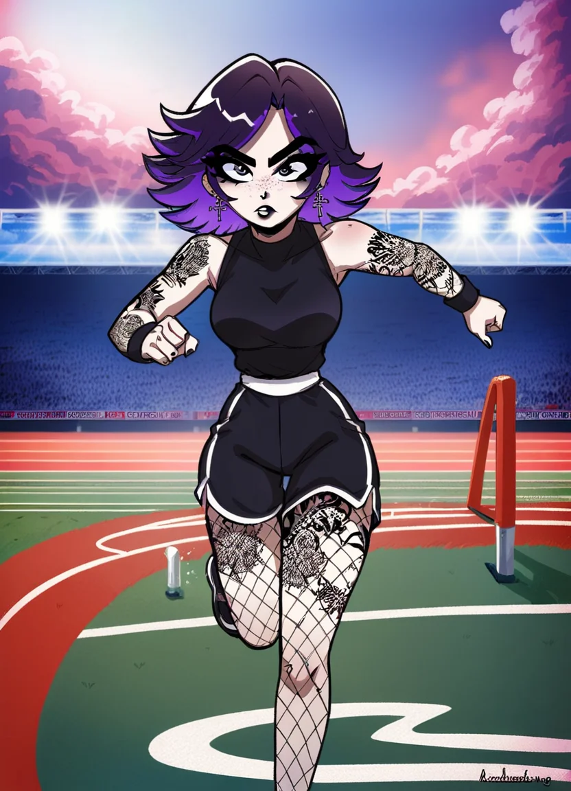 (masterpiece), (best quality), (ultra-detailed), score_9,score_8_up,score_7_up,score_6_up, source_cartoon, afs_ksusha, 1girl, eye contact, black eyeshadow, black eyebrows, black lipstick, black freckles around nose, cross earrings, purple detailed eyes, short spiky hair, bangs, dark purple hair, purple gradient hair color, multicolored hair, sport clothes, black nails, , fishnets, tattoo on legs, (running:1.2), action packed, (crowded marathon scenery:1.3), perfect hands, illustration, disheveled hair, detailed eyes, perfect composition, moist skin, intricate details, earrings, by wlop, score_9,score_8_up,score_7_up,score_6_up, source_cartoon, afs_ksusha, 1girl, eye contact, black eyeshadow, black eyebrows, black lipstick, black freckles around nose, cross earrings, purple detailed eyes, short spiky hair, bangs, dark purple hair, purple gradient hair color, multicolored hair, sport clothes, black nails,, fishnets, tattoo on legs, (running:1.2), action packed, (crowded marathon scenery:1.3), perfect hands, precise, elegant, highly intricate, beautiful, stunning, sharp focus, advanced, elaborate professional, ambient light, cinematic, futuristic
