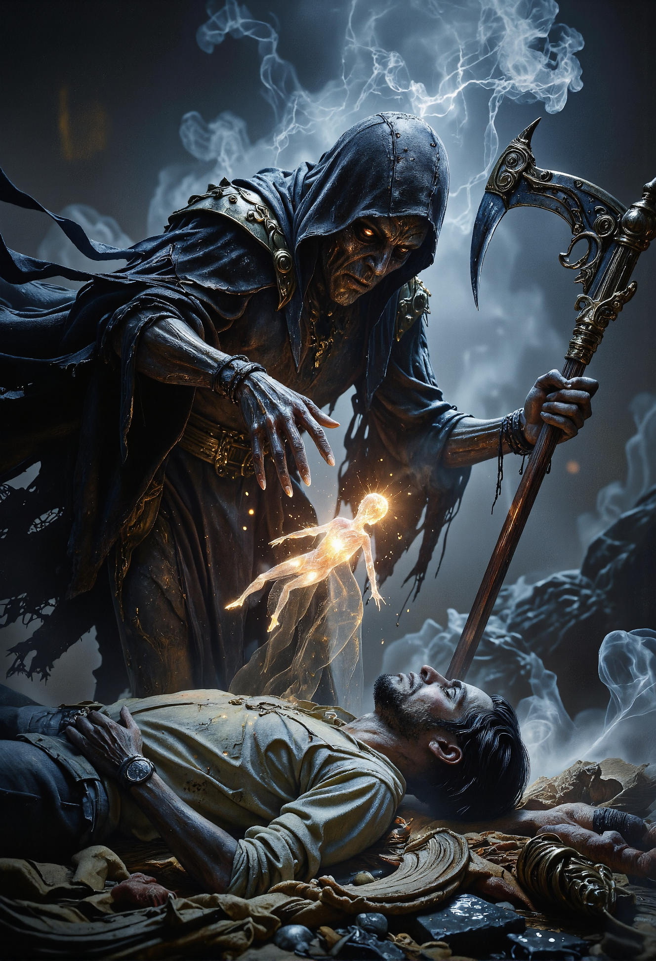 A sinister soul harvester looms over its victim, an otherworldly and grotesque figure shrouded in tattered black robes that billow unnaturally in the air. Its gnarled, skeletal hand stretches out, claw-like fingers crackling with ethereal energy as it pulls a glowing, screaming soul from the writhing body of a man collapsing beneath it. The soul, a translucent and luminous figure, is wrenched free, its anguished expression frozen in time as it hovers mid-air, caught in the harvester's malevolent grasp. In the harvester's other hand, a massive scythe gleams darkly, its blade serrated and wickedly curved, dripping with an unnatural, shadowy substance. The background is cloaked in swirling mist, punctuated by dim, cold light that casts long, menacing shadows, amplifying the eerie and foreboding atmosphere of the grim scene. <lora:black_fantasy.safetensors:0.5>,  <lora:aidmaGLOW-FLUX-V0.1.safetensors:0.25>,  <lora:aiai-Glimra-Flux-Dev-v2.safetensors:0.75>,  <lora:aidmaBaldursGate3-FLUX-v0.1.safetensors:0.5>,  <lora:Exogenous.safetensors:0.7>,