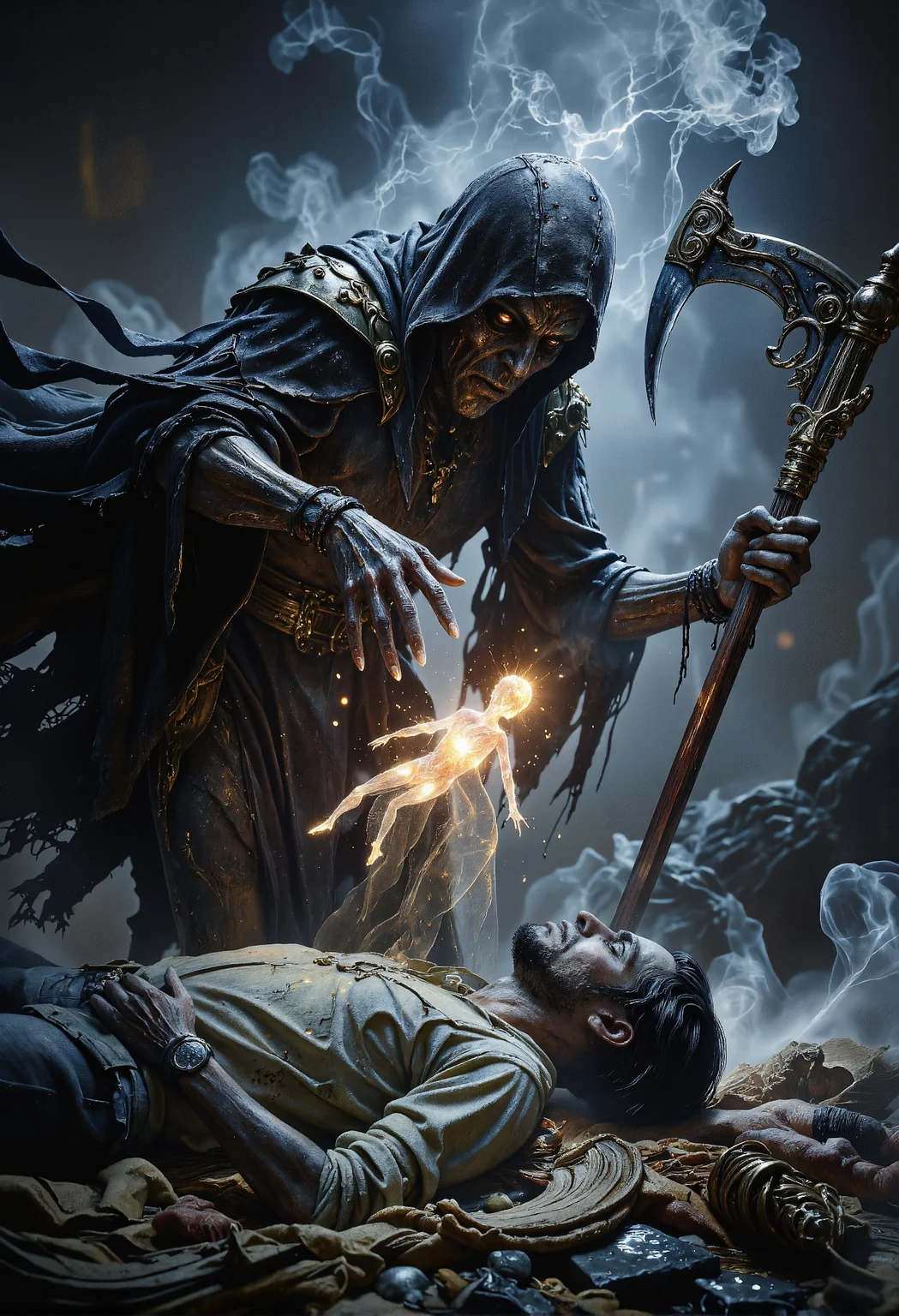 A sinister soul harvester looms over its victim, an otherworldly and grotesque figure shrouded in tattered black robes that billow unnaturally in the air. Its gnarled, skeletal hand stretches out, claw-like fingers crackling with ethereal energy as it pulls a glowing, screaming soul from the writhing body of a man collapsing beneath it. The soul, a translucent and luminous figure, is wrenched free, its anguished expression frozen in time as it hovers mid-air, caught in the harvester's malevolent grasp. In the harvester's other hand, a massive scythe gleams darkly, its blade serrated and wickedly curved, dripping with an unnatural, shadowy substance. The background is cloaked in swirling mist, punctuated by dim, cold light that casts long, menacing shadows, amplifying the eerie and foreboding atmosphere of the grim scene. <lora:black_fantasy.safetensors:0.5>,  <lora:aidmaGLOW-FLUX-V0.1.safetensors:0.25>,  <lora:aiai-Glimra-Flux-Dev-v2.safetensors:0.75>,  <lora:aidmaBaldursGate3-FLUX-v0.1.safetensors:0.5>,  <lora:Exogenous.safetensors:0.7>,