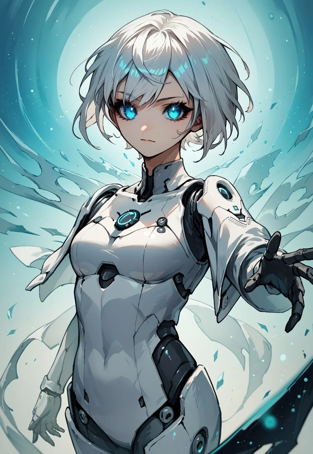 zPDXL3, score_9, score_8_up, score_7_up, source_anime, Teru Style, score_9, score_8_up, score_7_up, source_anime, 1girl, sci fi, looking at viewer, floating hair, dynamic pose, blue eyes, white hair, short hair, (android), cowboy shot, floating weapons, particles