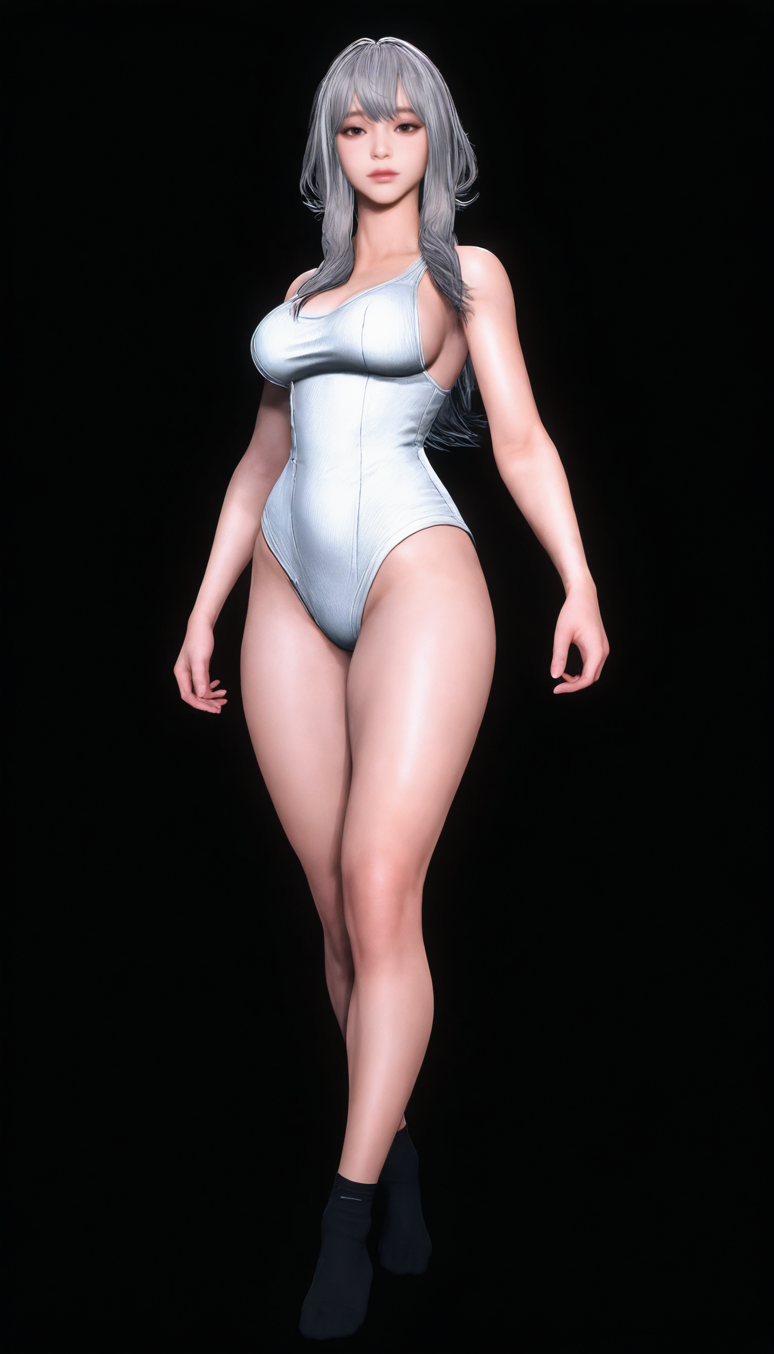 masterpiece,best quality,amazing quality,
<lora:scarletNAI:1>,sc213t,realistic,
silver hair,long hair,bangs,sidelocks,brown eyes,white leotard,
black ankle socks,no shoes,
full body,
looking at viewer,
walking,black background,
