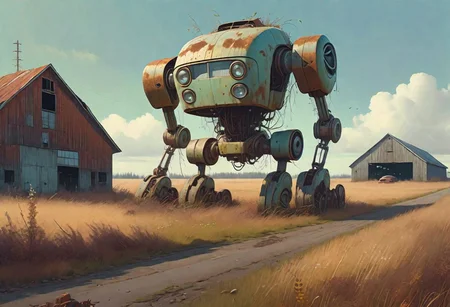 (((ultra high quality photo:1.8))) "vast overgrown field, extremely huge decrepit android, , aged and neglected appearance, advanced technology remnants, natural overgrowth, contrast between nature and forgotten futuristic elements" a rusted car next to the robot, barn in the distance, Simon Stlenhag Style, photo in phst artstyle, film photography style, light grain, medium grain, heavy grain