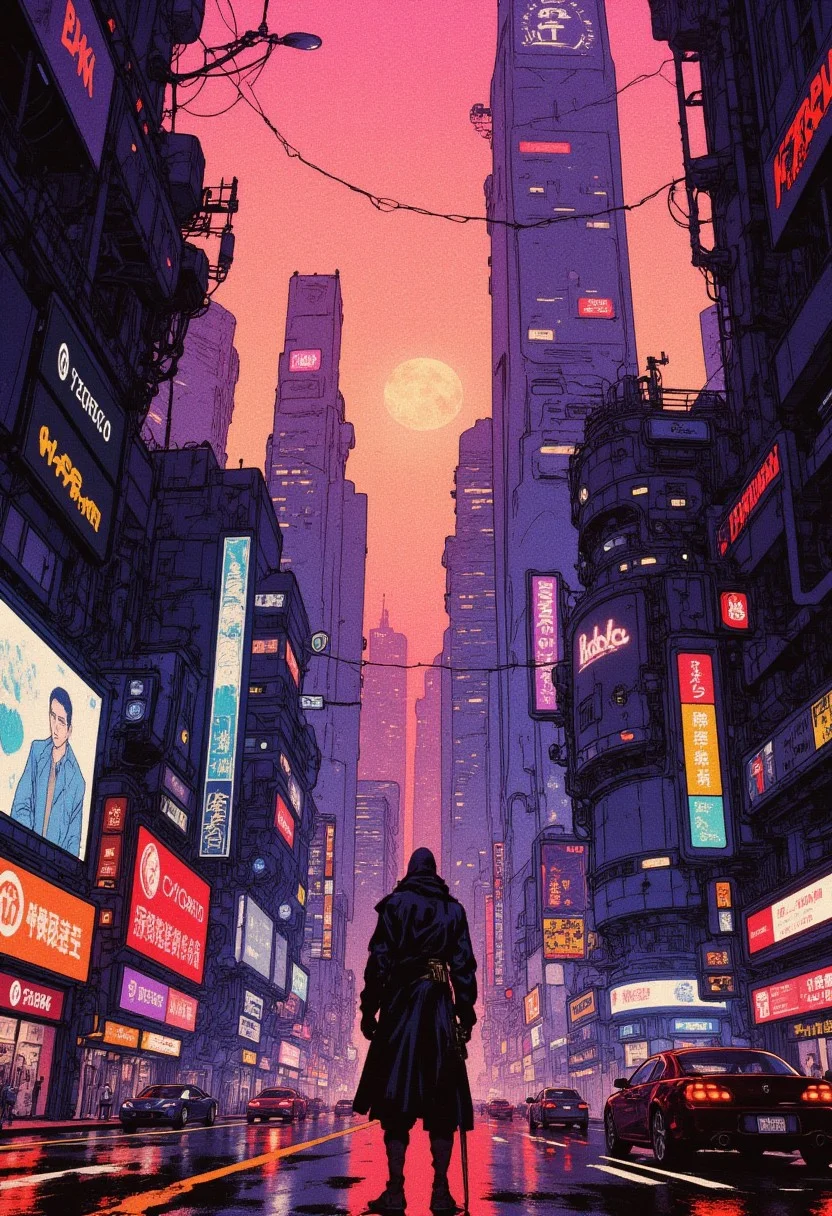 Retro-Futuristic Cyberpunk Metropolis at Neon Dusk | Anime-Realism Hybrid Style | Cinematic Lighting | Hyper-Detailed 8K | Cybernetic Samurai & Holographic Hackers | Neon Noir Atmosphere | by Makoto Shinkai & Syd Mead | Trending on ArtStation | in the style of cksc