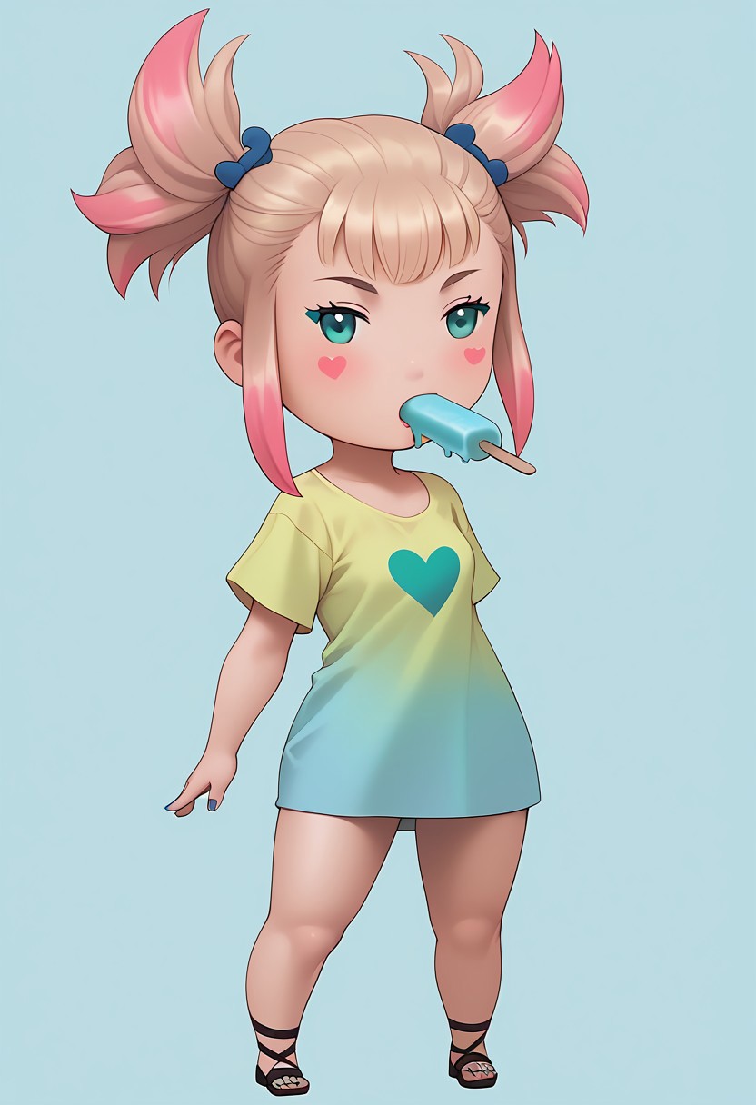 score_9, score_8_up, score_7_up, masterpiece, best quality, bdchibi,full body, BREAK 1girl, skinny, natural small breasts, blue eyes, pink candy hair, two pigtails with a wavy green elastic band, makeup, green eye shadow, black long eyes arrows, blush, yellow short t-shirt with pattern of hearts, blue manicure with pink hearts, BREAK sucking popsicle, popsicle in mouth,  BREAK medium shot, blue background