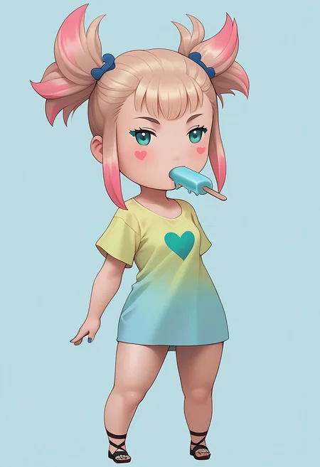 score_9, score_8_up, score_7_up, masterpiece, best quality, bdchibi,full body, BREAK 1girl, skinny, natural small breasts, blue eyes, pink candy hair, two pigtails with a wavy green elastic band, makeup, green eye shadow, black long eyes arrows, blush, yellow short t-shirt with pattern of hearts, blue manicure with pink hearts, BREAK sucking popsicle, popsicle in mouth,  BREAK medium shot, blue background