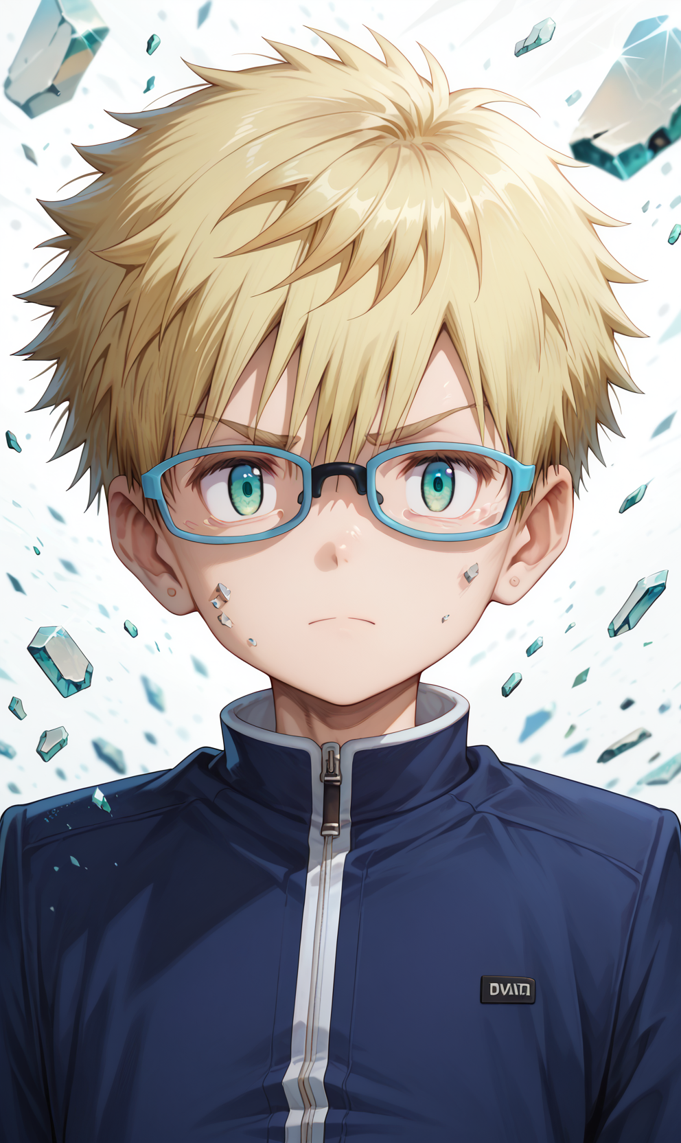 score_9, score_8_up, score_7_up, score_6_up, source_anime, portrait,  1boy,   looking at viewer, blonde hair, green eyes, glasses, male focus, jacket, dust particles, shattered glass effects surrounding, depth of field, composition,  white background, high quality,  highres, <lora:Rioh_Sonidori:1>