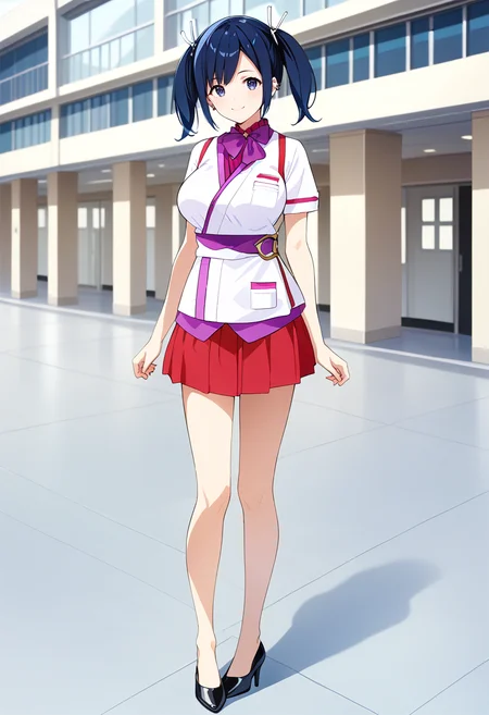 standing, solo, 1girl, airport, full body, large breasts, <lora:KC_04AC_souryuu_pony:1> souryuukc, blue hair, short twintails, blue eyes, hair ribbon, white ribbon, hiryuuCAkc, shirt_scarf_skirt, purple neckerchief, white apron, red tasuki, short sleeves, white shirt, obi, pleated skirt, red skirt, bare legs, black heels, score_9,score_8_up, score_7_up, source_anime, masterpiece, best quality, official art, official style, game cg, megami magazine, rating_safe, rating_questionable, <lora:Fixhands_anime_bdsqlsz_V1:0.75>, NEGATIVE_HANDS