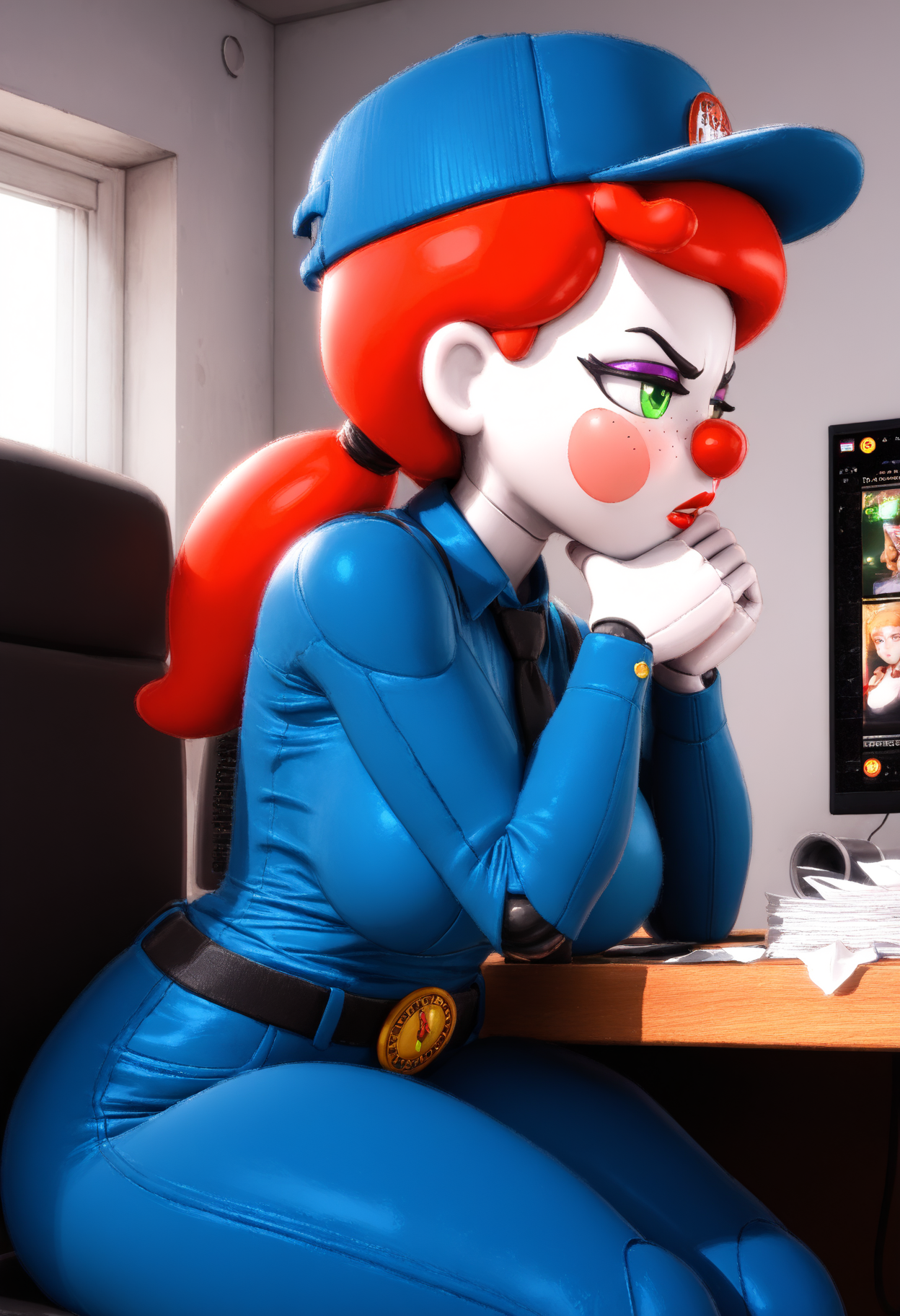 masterpiece, best quality, amazing quality, very aesthetic, absurdres, newest, 3d animation, dynamic lighting, dynamic angle, (realistic:0.7), (lineless:0.6), (detailed:1), dramatic lighting,  close-up, side view,  1girl, so87baby, colored skin, white skin, freckles, green eyes, blush stickers, red nose, makeup, purple eyelids, red lipstick, red hair, low ponytail, animatronic, android, robot joints, curvy, large breasts, small waist, wide hips, thighs,   guard costume, blue shirt, long sleeves, black tie, blue cap, badge, blue pants, belt,  sitting in chair, leaning forward, fist under chin, elbow,  angry, bored, half-closed eyes, looking forward,  office, swivel chair, desk, crumpled papers, flashlight, clock, (monitor, screen:1.2), vents,  <lora:NTR_MIX_4.0_LORA-000007:0>, <lora:anatomy_helper:0>, <lora:Detailer_NoobAI_Incrs_v1:1>, <lora:So87BabyIL-000018:0.85>,