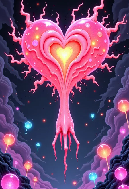 A weird squid-like creature swimming through the air leaving whimsical glowing orbs levitating in the backwards moving shockwaves. The orbs slowly form a dark Red heartshaped pulsating cloud. WackadoodleDaal