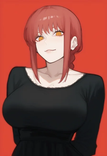 score_9, score_8_up, score_7_up, score_6_up, score_5_up, score_4_up, rating_explicit,
1girl, makima, long hair, smile, bangs, yellow eyes, braid, red hair, braided ponytail, ringed eyes,
massive breasts, massive ass,
dress, black dress, collarbone, long sleeves, hands behind back. looking at viewer, (close up:1.1), facing forwards, simple background, red background, (close-up:1.5)
<lora:chainsawman-makima-manga-ponyxl-lora-nochekaiser:0.9>  <lora:Sailen_Style:1>
