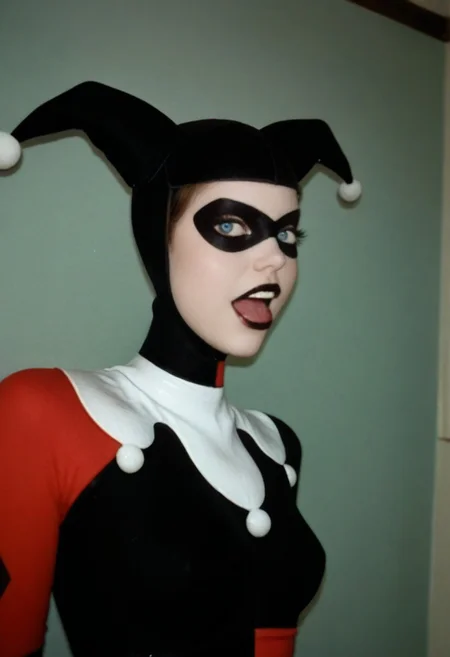 score_9, score_8_up, score_7_up, Polaroid photography , Polaroid style, over exposed style, pinup girl pose, Expressive, realistic, extremely attractive woman, 1girl, jester cap, black mask, pale white skin, black lips, white collar, har1992, black and red suit, blue eyes without pupils flirting, dynamic sexy pose, messy dorm room, bad photo composition, accidental photo, Reddit, amateur, raw, traditional media, poorly framed, out of focus , looking at viewer, laughing
BREAK
dramatic angle, unique perspective, unique angle,