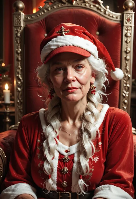 score_9, score_8_up, score_7_up, score_6_up, mclaus, white hair, old women, red christmas dress, solo, upper body, (red cap:1.2), sitting on red sofa, ornate throne, fiery background, soft lighting, soft shadows, reflective surfaces, intricate details, (masterpiece, best quality, ultra-detailed:1.0)
