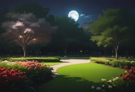 vntgpark, vintage, no humans, park, night, moon, low light setting, outdoors, scenery, flower, tree, building, score_9, score_8, score_7, score_6_up, <lora:Pony_DetailV2.0:1>, <lora:VintagePark:0.4> <lora:ArtgermLycoXL:0.85>