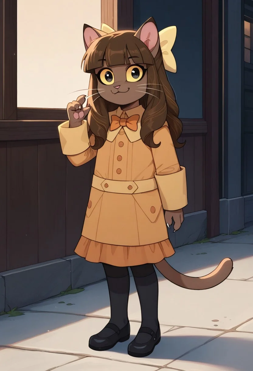 score_9, score_8_up, score_7_up, score_6_up,source_anime, cinematic shadow, cinematic light, cute and sensitive, soft skin, characters focus, detailed eyes, detailed skins,rating_explicit, full body,ivy, brown long hair,braids,blunt bangs,black eyes, colored sclera, yellow sclera, no human, furry, brown furr, cat ears,ivydress, orange bowtie,yellow coat, yellow hair bow, solo, younger, standing, arm support, smile,claws, hand up, black footwear, tail