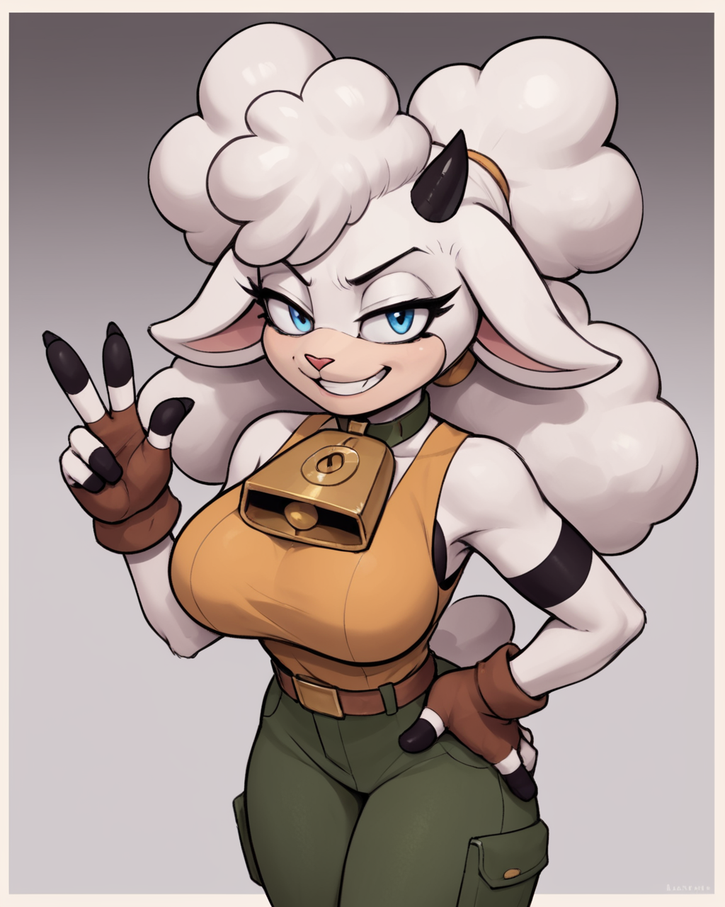 score_9, score_8_up, score_7_up, score_6_up, score_5_up, score_4_up, source_furry, furry, anthro, <lora:Lanolin_V1-000030:0.85> lanolin, sheep, white fur, blue eyes, yellow shirt, sleeveless shirt, green pants, brown gloves, big breasts, cowbell collar, smirk, happy, v sign, hand on hip, high-angle view,