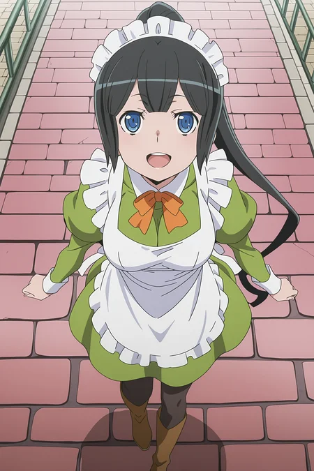 anime screencap, anime coloring, detailed face, masterpiece, best quality, very aesthetic, absurdres, volumetric lighting, 
outside, in a town,
<lora:Hestia_All_appearances_Is_It_Wrong_to_Try_to_Pick_Up_Girls_in_a_Dungeon:1>
Hestia green maid dress outfit, Hestia (character), hestia (danmachi),1girl, solo, maid, black hair, apron, pantyhose, long hair, thighhighs, boots, ponytail, maid headdress, long sleeves, brown footwear, cute smile, orange ribbon, high angle, POV, girl looking up, looking at the viewer, open mouth