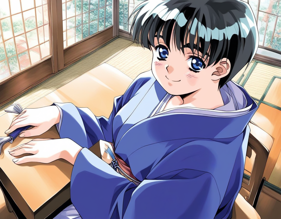 score_9, score_8_up, score_7_up, source_anime, rating_explicit, BREAK <lora:Shinohara_Izumi_XL:1>Shinohara_Izumi, black hair, blue eyes, short hair, bangs, small breasts, 
 solo, japanese clothes, 1girl, 1990s (style), kimono, smile,  indoors, looking at viewer, table, chair, sitting, long sleeves