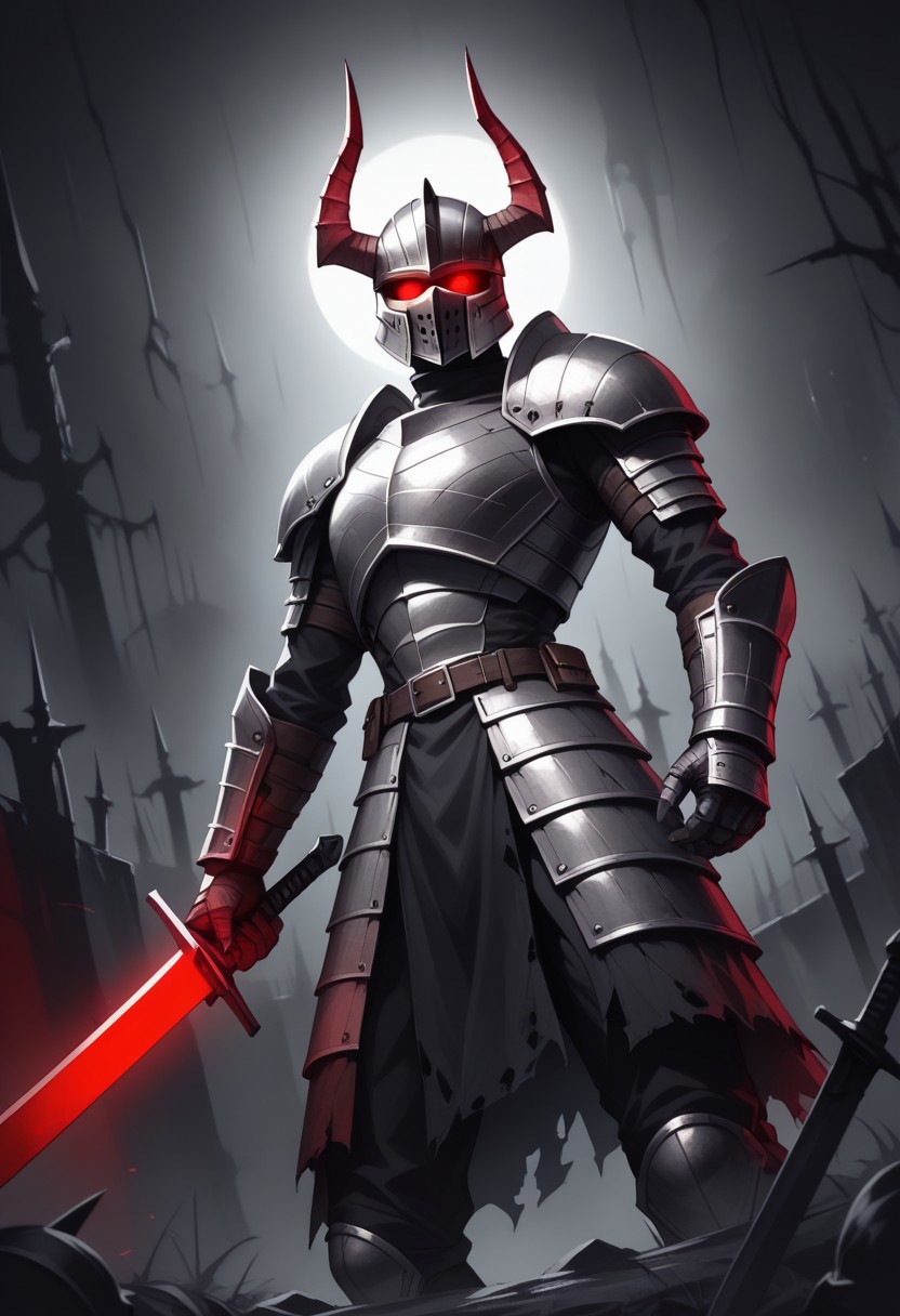 score_9, score_8_up, score_7_up, score_6_up, Dark armored specter holding a sword, red glowing eyes under a helmet with dark horns, spectral mist surrounding lower body, swirling dark tendrils, ominous, ghostly appearance, deep shadows, dark background with faint, ethereal shapes, cold, metallic sheen on armor, dark knight aura, eerie and intimidating presence, strong sense of foreboding, hkstyle, heavy armor, double sword, intricate details giant sword, shadows with glowing eyes in background, army, dutch angle, eerie, scary, p4int3dn0ir art style