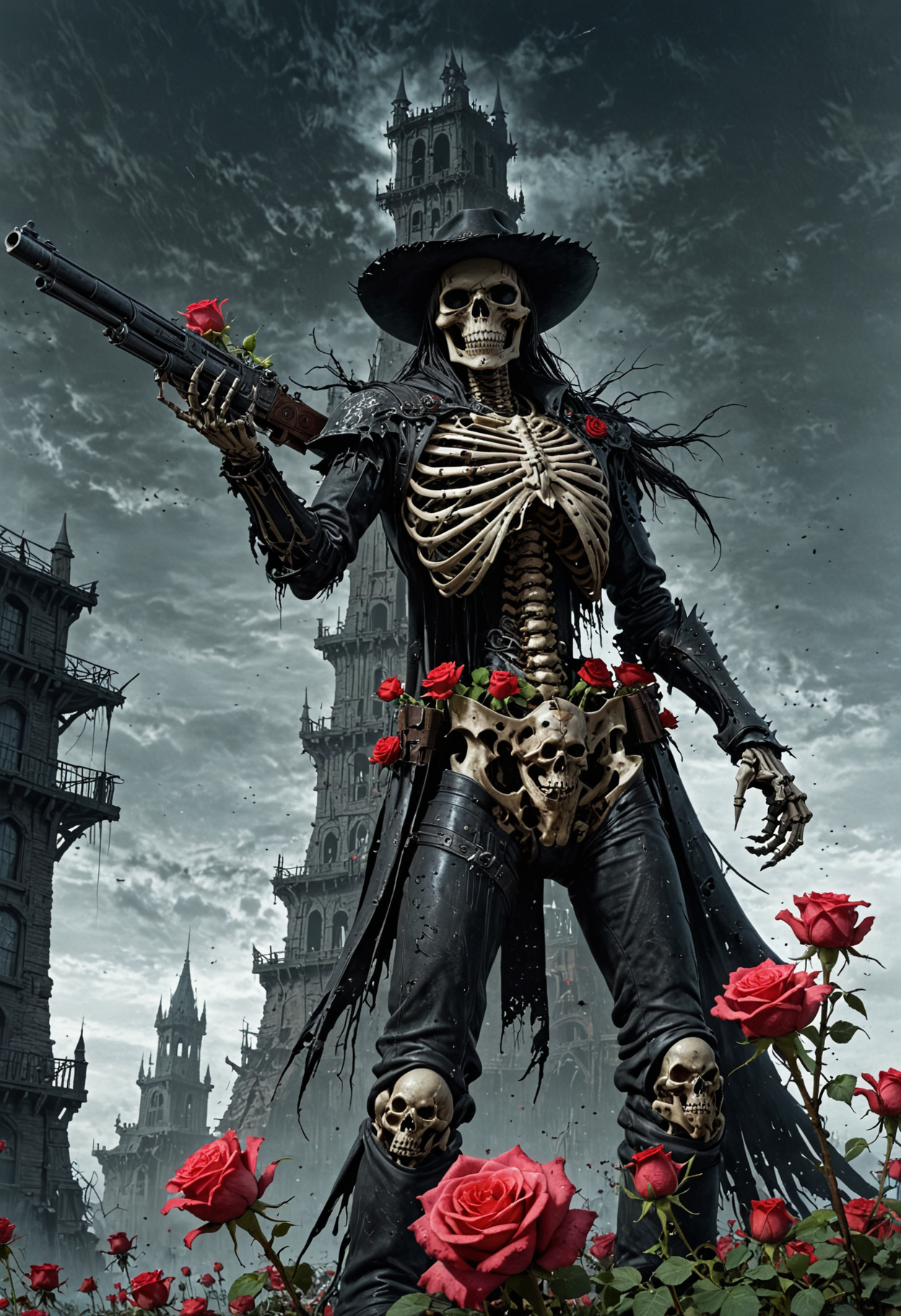 Gunslinger Skeleton in front of a slick and tall dark tower, roses surrounding  <lora:EpicF4nta5yXL:0.8>