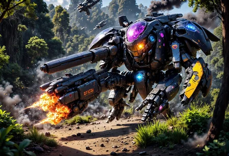score_9, score_8_up, score_7_up, score_6_up, 
Cinematic fantasy style, sharp, (high quality, 4k, 8k, high definition, masterpiece: 1.2), illustrated movie poster, hand drawn, full color, beautiful ultra detailed book cover illustration of a ((Jungle)) mech damaged in battle - Exploding mech burns in the jungle, mech engulfed in flames, background - jungle, battle, starships flying in the sky, future, sci-fi, jungle fight scene, 4k, hyper detail, fantasy style, hyper realistic, spectacular style, cinematic style, no background fantasy style, hyper detail, professional art, bartosz tchorzewski fantasy style, high detail, hyper detail, 4k, realistic style, face painting style fantasy style, 4k, painterly style, hyper detail, dark room, hdr, intricate, elegant, highly detailed, sharp focus, ((((cinematic look))), soothing tones, crazy details, intricate details, hyper detailed, low contrast, soft cinematic light, dull colors, exposure blending, hdr, blurred, 
intricate details, rating_questionable, fantasy setting,
, high resolution,
highres,